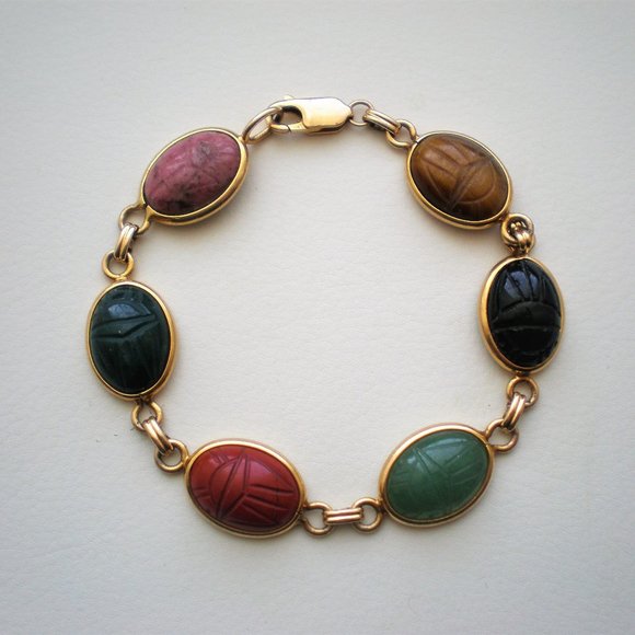14K Yellow Gold Carved Multi Gem Jade Rhodonite Jasper Scarab Tennis Bracelet